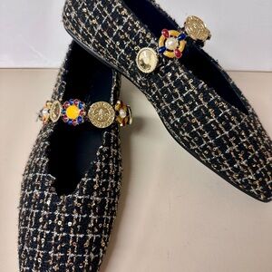Jeffrey Campbell Black and Gold Loafers
